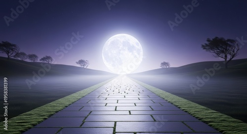 Pixelated Pathway Leads To Glowing Moon Under Starry Night Sky With Silhouetted Trees And Hazy Horizon