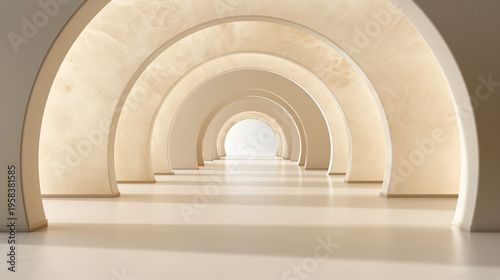  3d render of an abstract alabaster architectural tunnel, softly glowing translucent stone walls, ideal for premium product placement
