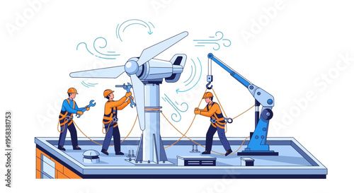 Wind Turbine Construction and Maintenance Workers Assembling Equipment.