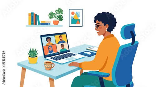 Woman participating in a video conference call from home office.