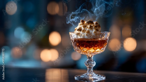 Craft Smoked Liqueur Drink With Cloud Of Vapor And Marshmallow