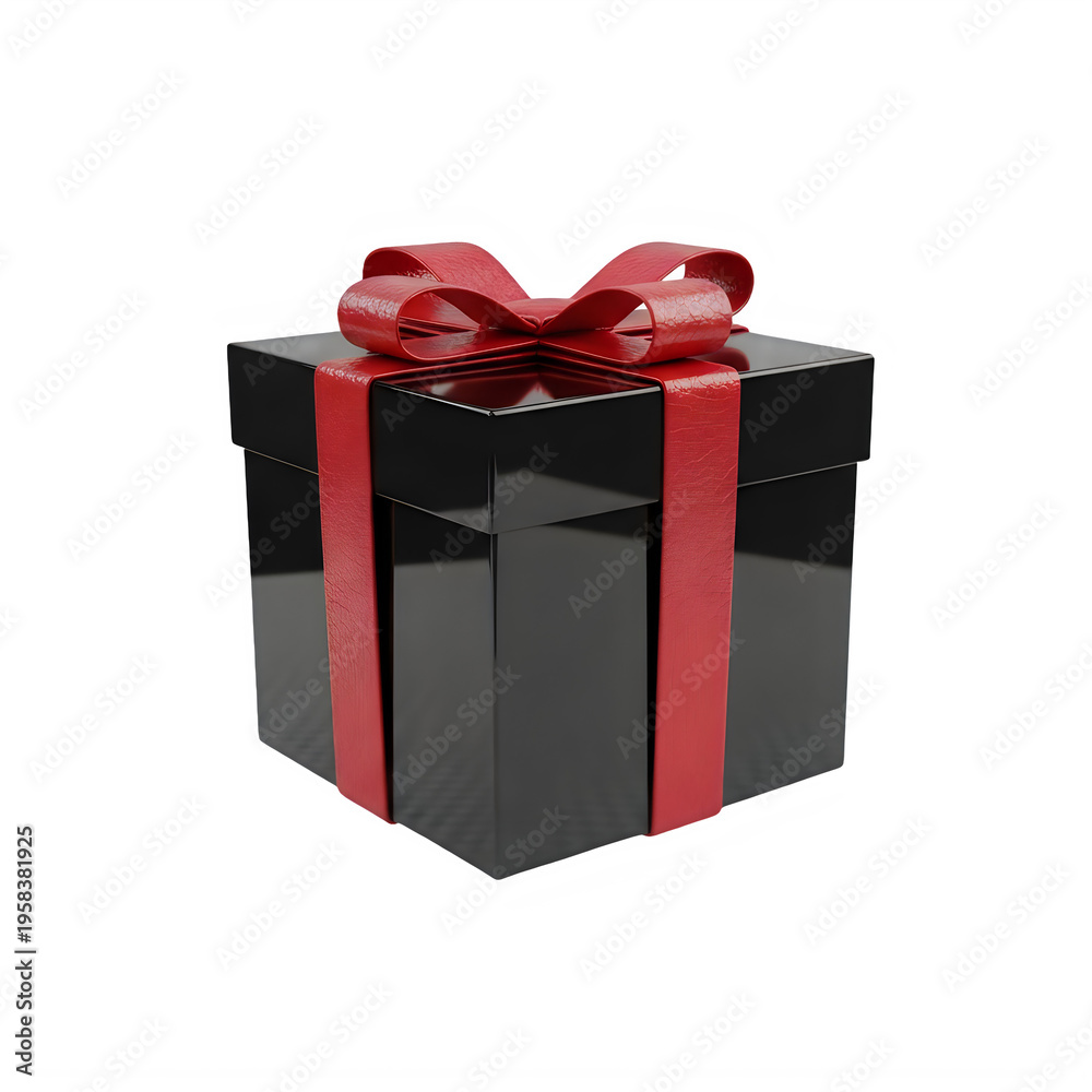 Obraz premium Elegant black gift box with red satin ribbon isolated on transparent background