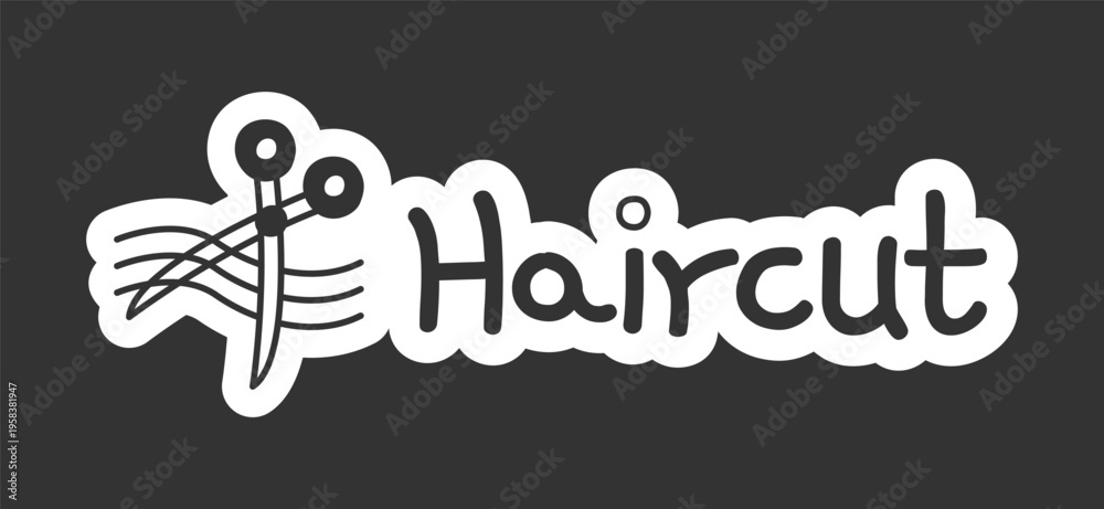 Naklejka premium Haircut black and white line drawing sticker. Hair styling appointment. Barber salon visit. Doodle outline illustration isolated. Minimal planner icon label design. Monochrome printable clipart