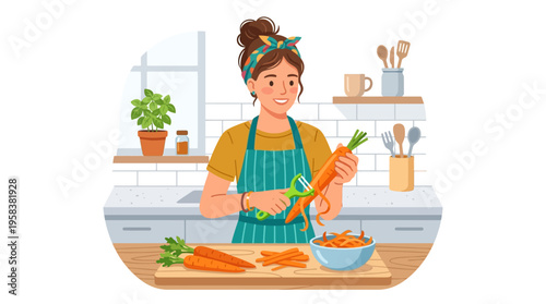 Woman peeling carrots in a bright kitchen preparing healthy food.