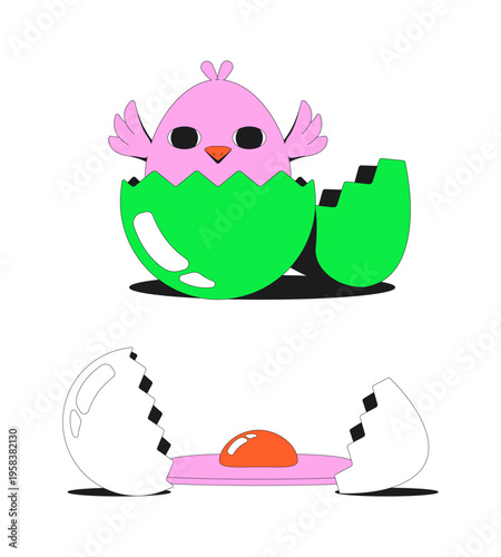 Cute chick hatching from egg modern flash message illustration set. Cracked eggshell. Groovy retro bird. Error success UI states. Done failure web design. Mobile onboarding. Micro UX scenes pack