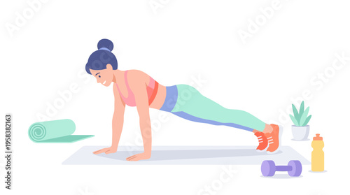 Woman performing a plank exercise on a mat.