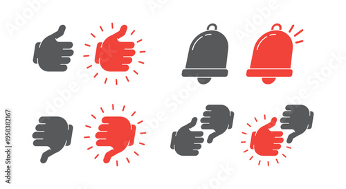 Thumbs up down and notification bell flat social media web button set. User feedback. Alert reminder. Like dislike reactions. Minimal modern design. Isolated interactive call-to-action elements pack