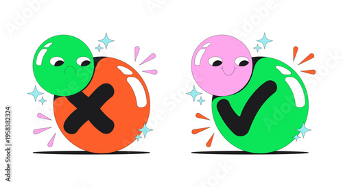 Groovy approval and rejection modern flash message illustration set. Funky cross mark. Checkmark emoji. Error success UI states. Done failure web design. Mobile onboarding. Micro UX scenes pack