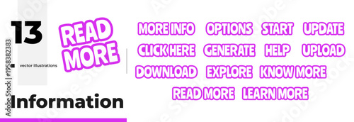 Information bold purple outline cta words pack. Read more. Click here. Download upload. Explore generate. Playful bubble text bundle. Digital stickers. Magenta phrases. Web design. Ranchers font used
