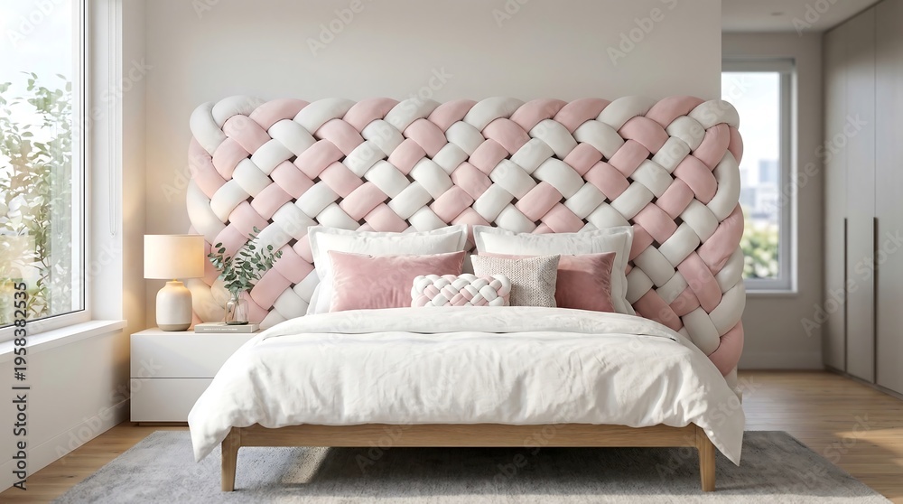Fototapeta premium Bedroom interior featuring a large woven headboard with alternating pink and white fabric tubes and a wooden bed frame with white bedding and decorative pillows