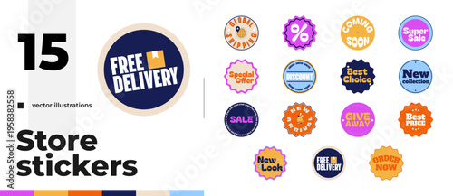 Modern store colorful sticker pack illustration. Discounts offers. Global shipping. Free delivery. Labels isolated. Marketing badge collection. Promotional emblems. Advertising tags. Bold typography