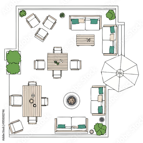 Cozy Outdoor Living Space Layout With Seating Dining Area And Fire Pit Top View furniture icons top view interior design architecture floor plan