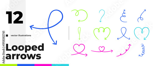 Curved and looped colorful hand-drawn sketch arrow set. Swirl bend. Doodle line pointers for direction and explainer content. Simple handdrawn symbols collection. Freehand clip arts for social media