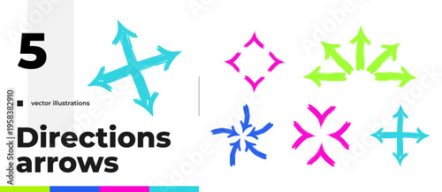 Multi direction multicolor bold thick stroke arrow set. Outward and inward flows. Expressive doodle marker pointers isolated for highlighting and guiding. Grunge drawn design elements collection
