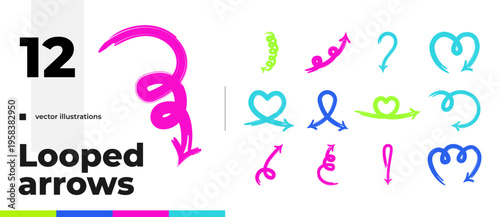 Curved looped multicolor bold thick stroke arrow set. Spirals and heart playful paths. Expressive doodle marker pointers isolated for highlighting and guiding. Grunge drawn design elements collection