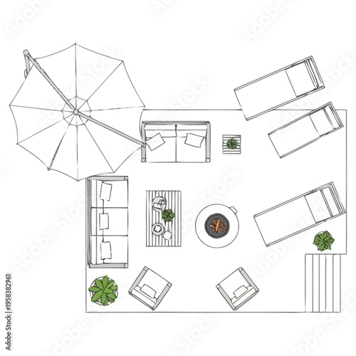 Top View Architectural Plan Layout Designing Outdoor Living Space With Lounge Furniture Umbrella Fire Pit Furniture Arrangement and Landscaping