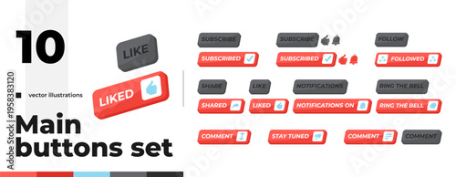 Engagement actions isometric social media UI button set. User interaction on digital platform. Like subscribe. Notifications on. Clean modern vector design. Isolated interactive CTA elements pack