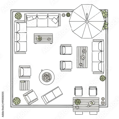 Outdoor Patio Furniture Layout Design With Seating Fire Pit Umbrella And Coffee Tables For Relaxation Living Space furniture icons top view interior