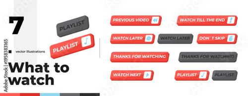 Video navigation and playlist control isometric social media UI button set. Streaming platform. Watch later. Thanks for viewing. Clean modern vector design. Isolated interactive CTA elements pack