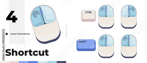 Mouse clicks and computer keyboard shortcut pack. Ctrl shift navigation actions. Input device. Hotkey combo buttons collection for pc and laptop. Fast software efficiency. Flat vector illustration