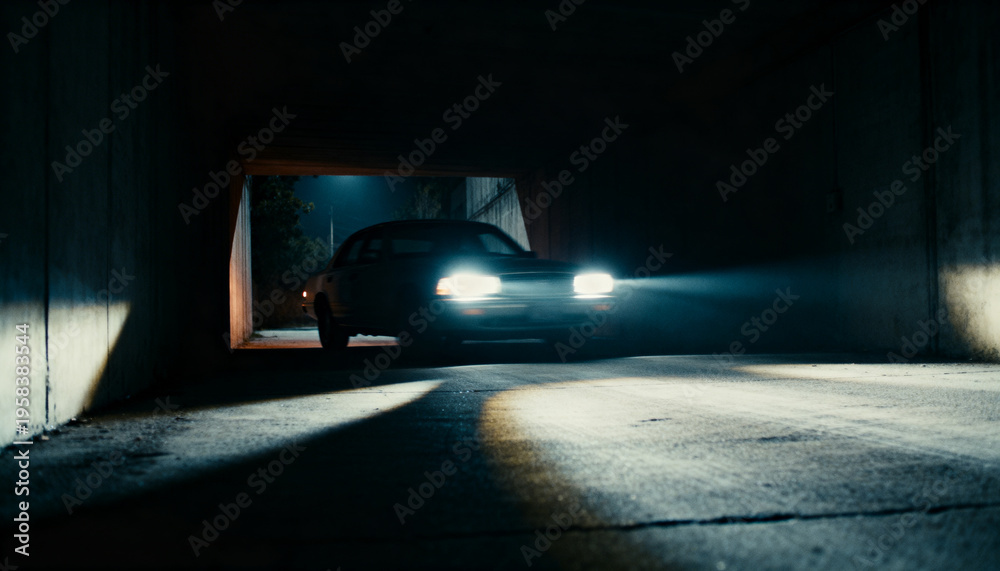 Fototapeta premium Emitting bright beams, dark sedan illuminating concrete underpass at night with shiny asphalt