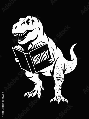 A T-Rex stands upright while reading a book labeled 'History'. The image is in black and white, giving it a striking contrast.