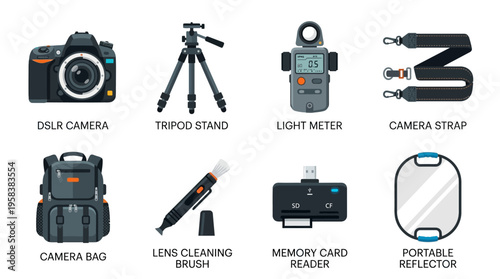 Photography equipment vector illustration including DSLR camera, tripod stand, light meter, and accessories on a clean white background for industry professionals.