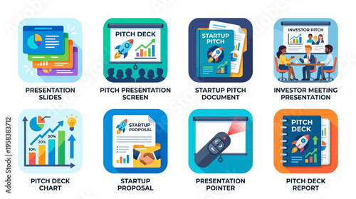 Vector graphic illustrations of business presentation slides and documents on a screen for investor meetings and startup proposals.