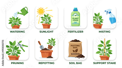 Gardener watering plants with various tools and supplies in a vector illustration of a sunny garden with lush greenery and vibrant flowers.