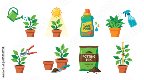 Vector illustration of gardening tools and plants in various pots with sunlight and water sprays in a serene natural setting.