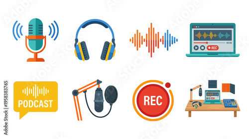 Vector icons of podcast recording equipment and technology on a desk