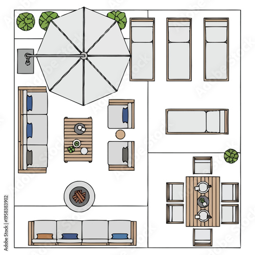 Modern Outdoor Living Space Layout With Furniture And Fire Pit Arrangement For Relaxation And Entertaining With Sunny Patio Design furniture icons
