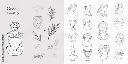 Ancient greek busts vases and botanical elements in sketch style