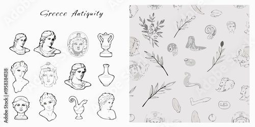 Ancient greek motifs busts vases and foliage on a patterned background