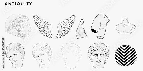 Classical sculpture fragments and decorative elements in a minimal style