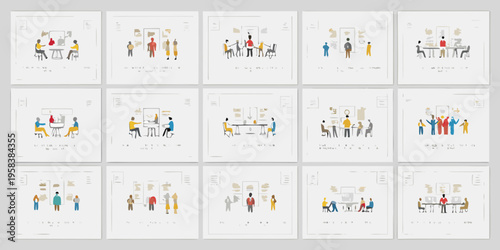 A series of illustrations depicting people in meeting or discussion settings