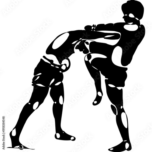 Minimal black silhouette of Muay Thai fighters performing traditional techniques. Dynamic vector design showing combat, power, and motion, ideal for prints, textiles, posters, and sports themes.