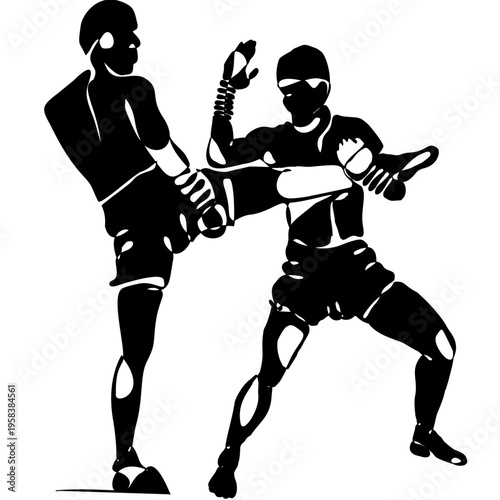 Minimal black silhouette of Muay Thai fighters performing traditional techniques. Dynamic vector design showing combat, power, and motion, ideal for prints, textiles, posters, and sports themes.