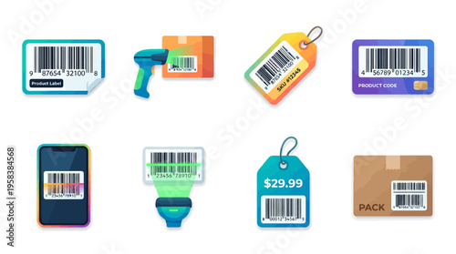 Vector graphics of various barcode scanner tags and labels on products and devices