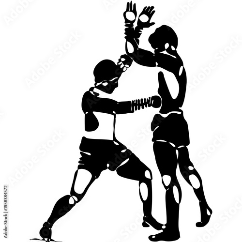 Minimal black silhouette of Muay Thai fighters performing traditional techniques. Dynamic vector design showing combat, power, and motion, ideal for prints, textiles, posters, and sports themes.