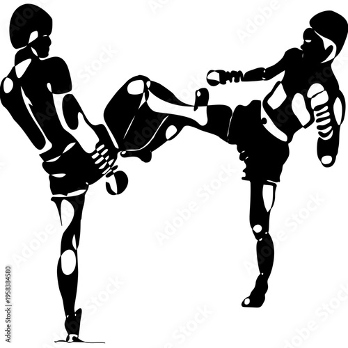 Minimal black silhouette of Muay Thai fighters performing traditional techniques. Dynamic vector design showing combat, power, and motion, ideal for prints, textiles, posters, and sports themes.