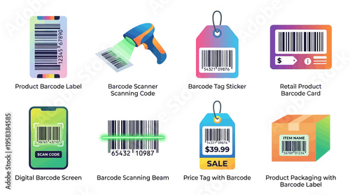 Vector graphic illustrations of various barcode labels and scanning tools in a colorful digital collection
