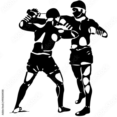 Minimal black silhouette of Muay Thai fighters performing traditional techniques. Dynamic vector design showing combat, power, and motion, ideal for prints, textiles, posters, and sports themes.