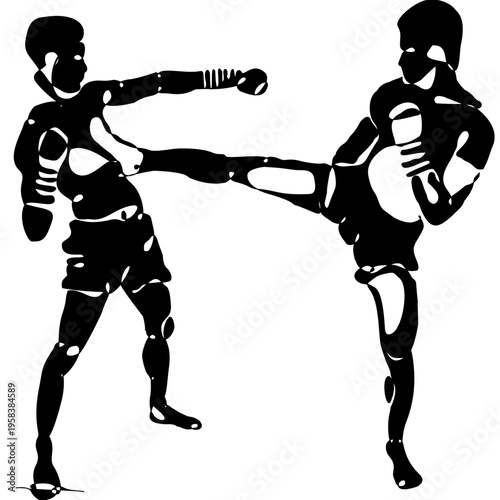 Minimal black silhouette of Muay Thai fighters performing traditional techniques. Dynamic vector design showing combat, power, and motion, ideal for prints, textiles, posters, and sports themes.