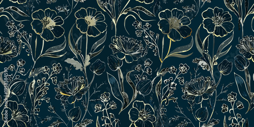 Dark floral pattern with golden line art on a deep teal background