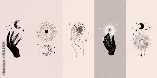 Celestial hands and botanical illustrations in a minimalist aesthetic