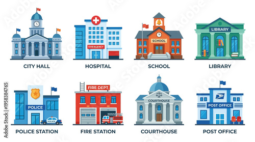 Vector illustration of various public buildings including city hall, hospital, school, library, police station, fire station, courthouse, and post office in a vector style.