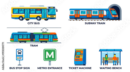 Vector illustration of a city public transportation system with various vehicles and infrastructure elements.