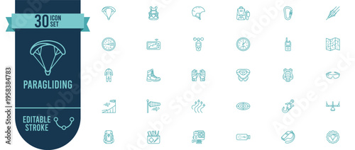Paragliding 30 Line Icons Set with Editable Stroke - Aerial Sport and Gliding Adventure Vector Symbols for Paraglider and Extreme Sport