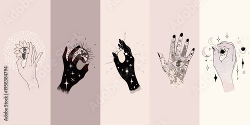 A series of mystical hands with celestial eyes and starry details